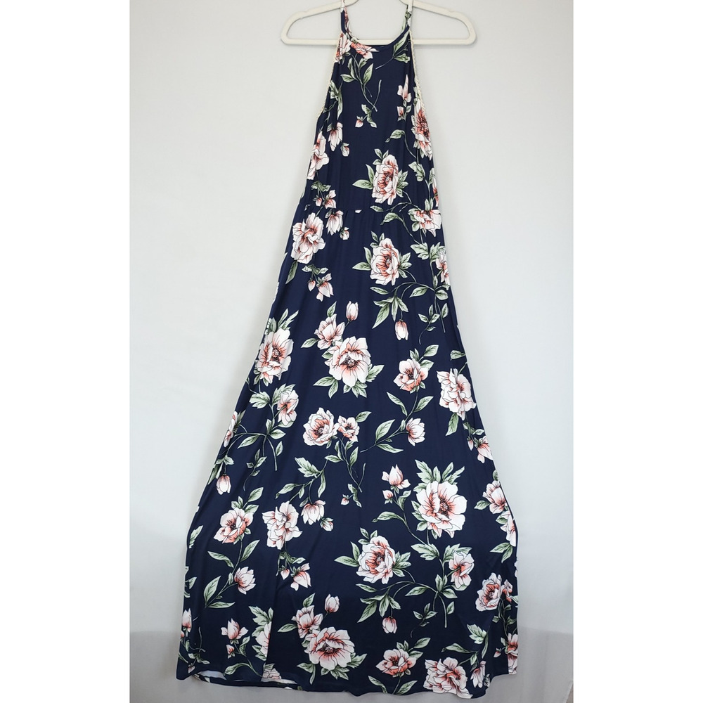 French Grey Halter Waist Defined Maxi‎ Dress Women M Floral Blue Soft Comfy